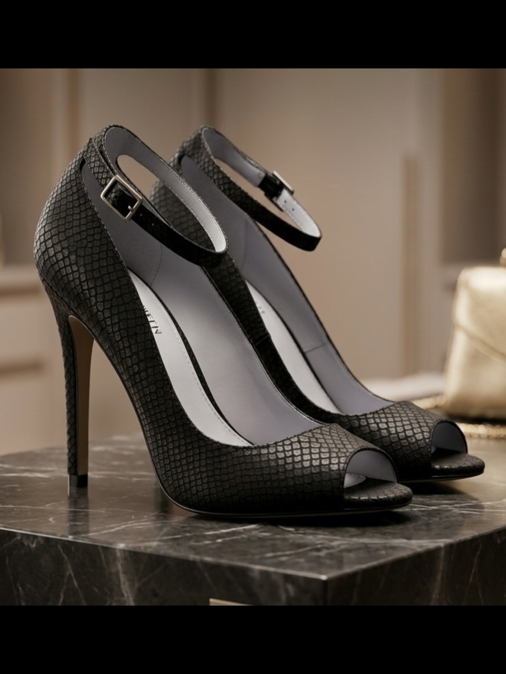Black Peep-Toe Ankle Strap High Heels